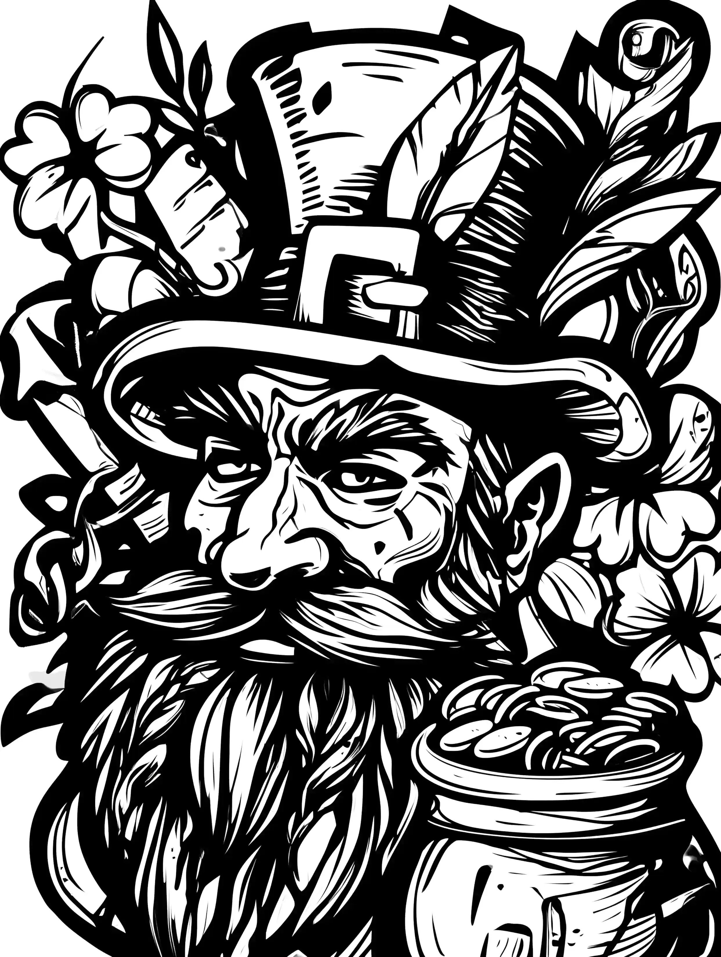 Free printable St Patricks Day coloring page for adults featuring a leprechaun head next to a pot of gold